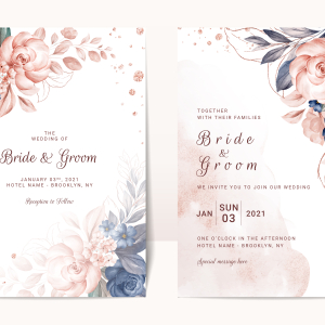 Floral wedding invitation template set with navy and peach watercolor roses and leaves decoration. Botanic card design concept