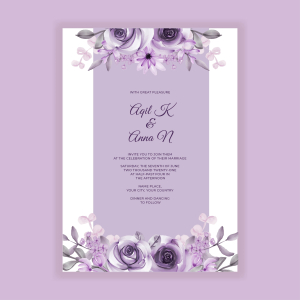 Beautiful floral and leaves violet wedding invitation card